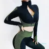 Yoga kadın Seksi 2 Parça Set Dikişsiz Ön Zip Uzun Kollu Hızlı Kuru Kıyafetler Spor Sutyen Kırpma Tops Tankı Sıska Push Up Kalça Uzun Tayt