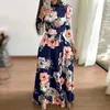 Plus size women's summer long super dress casual sleeve flower print high collar bandage Vestidos 210623