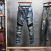 Amerikanska streetwear mode män jeans slim fit elastic bomull denim rippade punk byxor patches designer hip hop biker byxor