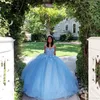 Sky Blue Sexy Simple Lace Quinceanera Prom Dresses Sweetheart Beaded Handmade Flowers Tulle Pageant Celebrity Birthday Evening Party Sweet 16 Dress