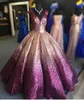 2022 Gradient Blue to Silver Prom Dresses Raso con paillettes drappeggiato Sexy scollo a V Cap Sleeve Quinceanera Dress A-line Abiti da sera convenzionali