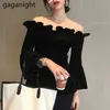 Spring Women Off Shoulder Blouse Flare Sleeve Solid Velour Shirt Fashion Slash Neck Tops Girls Slim Blouses 210601