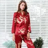 Dames zijden satijnen pyjama's set 2pcs volle mouw top broek Chinees stijl jaar draken print lounge heren pyjama's pjs 21222d