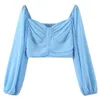 Chemisiers pour femmes chemises ZXQJ femmes élégantes bleu solide en mousseline de soie chemise 2022 printemps mode dames bouffée à manches longues Vintage Blouse femme Elast