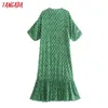 Tangada Summer Women Green Flowers Print French Style Midi Dress Short Sleeve Bow Ladies Ruffles Sundress 5Z138 210609