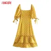 Tangada Summer Women Yellow Dots Print French Style Dress Bow Puff Short Sleeve Ladies Midi Dress Vestidos 2W169 210609