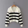 TRAF Women Fashion Striped POLO Collar Loose Knit Sweater Retro Long Sleeve Pullover Streetwear 210918