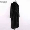 nerazzurri冬の長い白い黒い暖かいふわふわしたフェイクファーコート女性スリーブベルトラペルスタイリッシュな韓国ファッションボタン211215