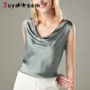 Suyadream Mulheres Silk Shirt100% Real Silk Cetim Drapeado Collar Sem Mangas Tanques Sólidos Vests 210308