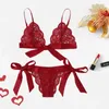 Ensemble de lingerie rouge sexy avec nœud en dentelle pour femmes, vêtements de nuit, col en V, soutien-gorge transparent, sans manches, intimes, bralette et culotte en dentelle, Set253z