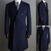 Formal Navy Men Suits Thick Wool Custom Made Double Breasted Tuxedos Peaked Lapel Blazer Business Long Coat