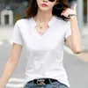 Summer Loose Shirt Short-sleeved Fashion Women V-neck T-shirt Cotton V-neck Casual Bottom Shirt Lady Female Tops 14184 210527