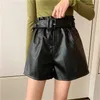 AELEGANTMISファッションPUレザーショートパンツベルト女性春弾性ウエスト緩い女性のフェイクショートズボンサッシ210607