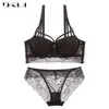 Top Sexy Underwear Set Cotton Push-Up Bra And Panty Sets 3/4 Cup Brand Green Lace Lingerie Set Women Deep V Brassiere Black 211104