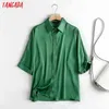 Tangada vrouwen vintage groen oversized satijnen shirt losse mouw chique vrouwelijke casual shirt tops 4c115 210609