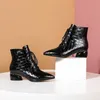 Meotina Real Leather Mid Heel Short Boots Women Shoes Pointed Toe Zip Lace Up Thick Heels Ankle Boots Female Autumn Winter Black 210608