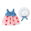 Citegeett Verão 0-3y princesa meninas meninas rendas tutu vestido + chapéus 2 pcs denim laço retalhos coração impresso sundress sem mangas q0716