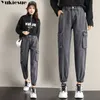 Winter Dicke Fleece Warme Lose Mom Harem Hosen Frauen Hohe Taille Casual Streetwear Weibliche Grau Denim Plus Größe XL 210608