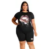 Women Plus Sizes Tracksuits Two Pieces Set Outfits Designer Fashion Lip Print Short Sleeved Loose T Shirt + Shorts Ladies Summer Casual S-5XL