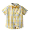 Kids Wedding Clothing Sets Summer Baby Boys Gentleman Clothing Sets Lattice Short Sleeve Shirt Tops+Bow+Suspender Shorts G220310