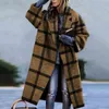 Winter Print Warm Woolen Coat Ladies Fashion Streetwear Jacka Höst Kvinnor Lösa Stitching Plaid Long-Sleeve Lapel Jacket 211110