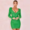 Summer Green Mesh Pleated Sexy Tight Dress Fashion Long Sleeve V-Neck Mini Pure Color Club Party 210525