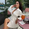 Christmas High Quality Women's White Army Green Dress Summer Lapel Button Long Sleeve Mini Sexy Party 210525