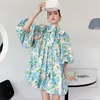 Verão Verde Impresso Floral Dress Mulheres Turtleneck Sleeve Buff Manga Grande Cintura Alta Cintura Feminina Vestidos 2D1779 210526