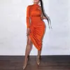 Kvinnor Solid Långärmad Mid-Calf Night Club Party Dress Sexig One Shoulder Drawstring Ruched Bodycon Dress Y1006