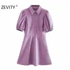 Zevidade mulheres vintage cor sólida plissada manga sopro uma linha de camisa senhoras pu couro pu vestidos chinês marca slim vestidos ds4515 210309