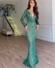 2021 Sequined Evening Dresses Off Shoulder Long Sleeves Side Split Prom Celebrity Gowns Feather Sexy Plus Size Formal Party Dress