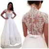 Sexy Illusion Backless Linia Suknie ślubne Suknie ślubne Sweep Pociąg Koronki Appliqued Długi Lato Ivory Bride Sukienka V Neck Krótkie Rękawy Druga recepcja Nosić 2022