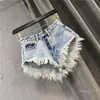 Womens Jean Shorts Summer High midja enbröd breda benbyxor rippade fransade burr denim kort femme ropa mujer 211129