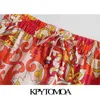 KPYTOMOA Women Fashion Totem Print Side Vents Shorts Vintage High Elastic Waist Drawstring Female Short Pants Mujer 210719