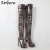 Sorbern Leopard 특허 Mid 허벅지 높은 부츠 여성 보이지 않는 플랫폼 구두 하이힐 Stilettos 맞춤 맞춤