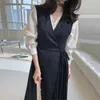 Korejpaa Set di abiti da donna coreano chic francese elegante camicia a maniche lunghe con scollo a V + cravatta laterale in vita gonna a pieghe abiti 210526