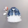 M3949 Kid Girls Denim Siatka Sukienka Toddler Baby Długie Rękaw Sukienki Dorywczo Kids Party Odzież