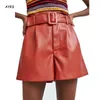 Kvinnors shorts a-line faux läder kortpantar pu för kvinnor hög midja byxa med bältes svart röda xs s m l