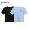 Yitimuceng Folds T-shirts Kvinna Hollow Skinny Harajuku Tees Solida Svart Blå Toppar Sommar Koreansk Fashion Stickade Tshirts 210601