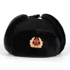 Sovjet Armé Militär Badge Ryssland Ushanka Bomber hattar Pilot Trapper Aviator Cap Winter Faux Kanin Fur Ear Plap Snow Caps Hat