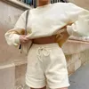 Spor Giyim İlkbahar Sonbahar Kadın Eşofman 2 Parça Set Uzun Kollu Polar Kazak Gevşek Sweatshorts Rahat Artı Boyutu Spor Suit