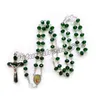 Katholische grüne Kristall-Rosenkranz-Halskette für Männer und Frauen, lange Emaille-Jesus-Kreuz-Anhänger, religiöser Schmuck