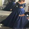 Prom Dress Dark Navy Blue Plus Size Evening Dresses Satin Appliqued Lace Off the Shoulder Long Sleeves A-line Special Ocn Party Gowns