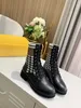 2022 Luxe Designer Woman Rockoko Zwart Lederen Biker Laarzen met Stretch Stof Dame Combat Enkellaars Platte schoenen maat US 4-11