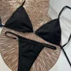 Trendy Metal Chain Bikini Set Solid Black Color Letter Swimwears Summer Beachwear With Tags For Ladies Gift