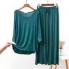 PAJAMAS suit bat sleeve solid color cotton v-neck elastic waist wide leg pants trousers 2 pieces set soft home wear 211106