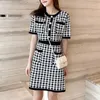 PERHAPS U Green Black Knitted O-neck Houndstooth Button Short Sleeve Empire Plaid Mini Dress Summer D2585 210529