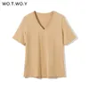 WOTWOY Summer Casual solidna koszulka z dekoltem w serek damska dzianinowa bawełniana podstawowa bluzka z krótkim rękawem damska miękka biała koszulka Harajuku 220307