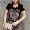 Summer Fashion Korean Clothes T-shirt Sexy Hollow Out Diamonds Letter Rose Women Tops Ropa Mujer Patchwork Mesh Tees T06633 210623