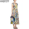 Mode Runway Summer Dress Dames Bow Spaghetti Riem Backless Blue and White Porselein Floral Print Long 210531